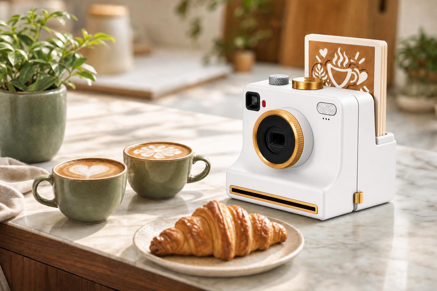 Latte Art Camera blanca junto a dos cappuccinos y un croissant