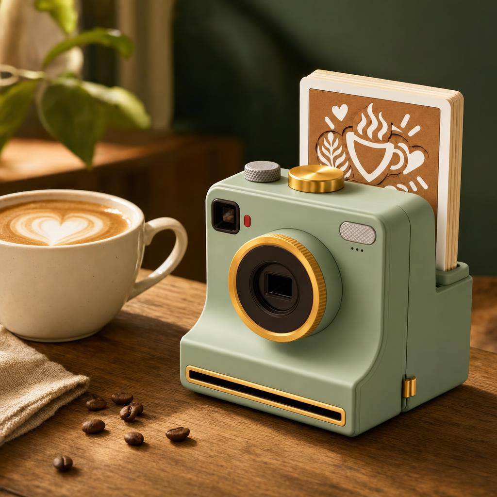 Latte Art Camera verde salvia junto a un cappuccino