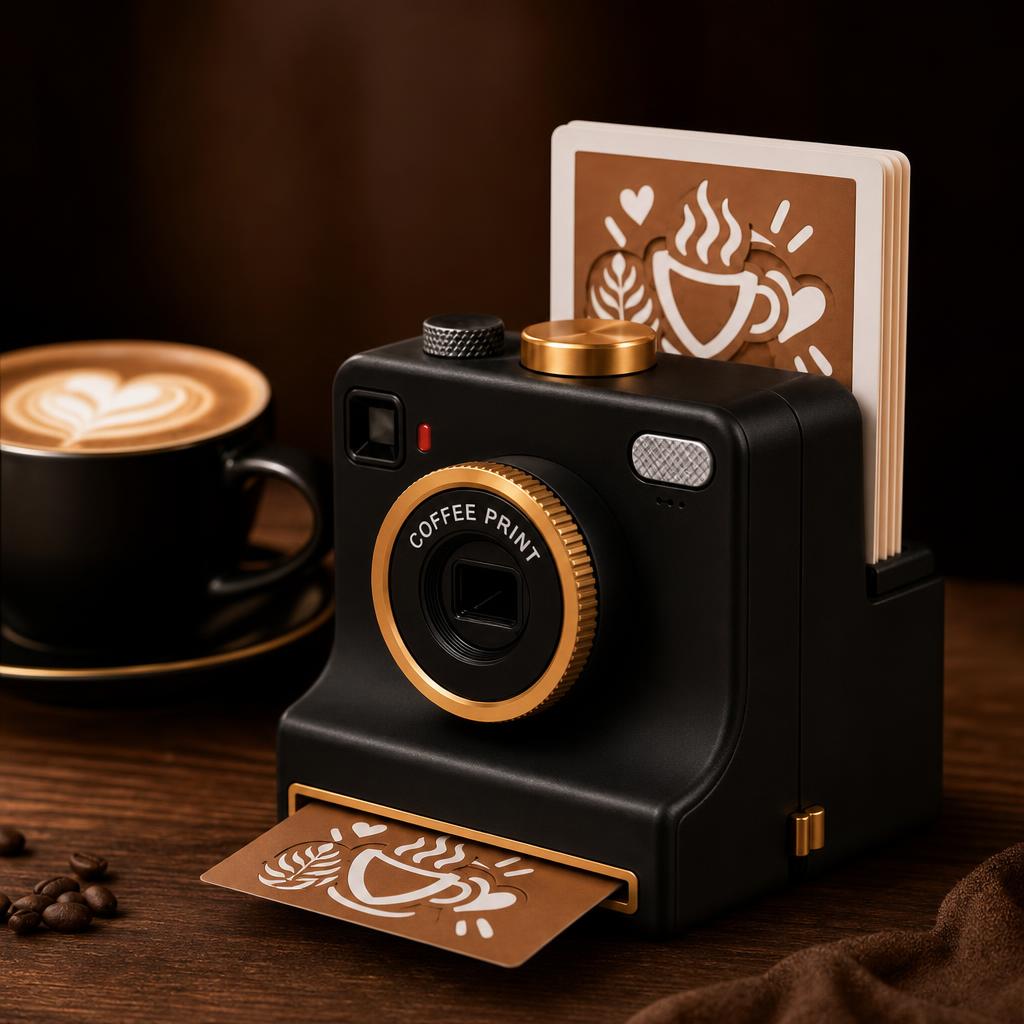 Latte Art Camera negra junto a un café con espuma